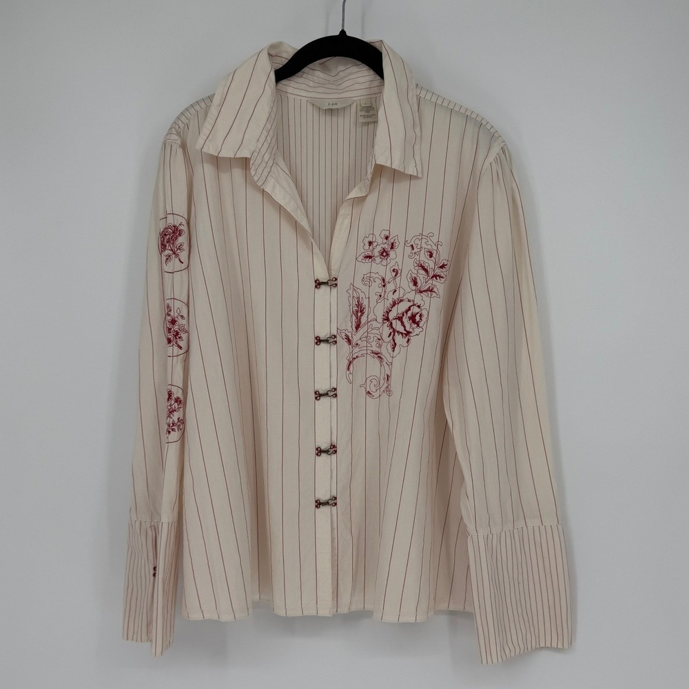 J Jill Womens Large Cream Red Striped Floral Embroidered Hook Eye Cotton Blouse